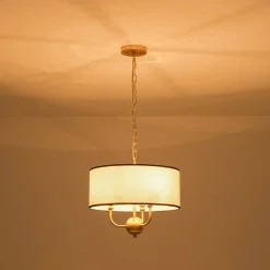 3-Light White Fabric Candle Style Round Drum Cage Pendant