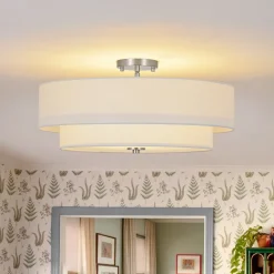 4-Light White Linen Round Drum Semi Flush Mount