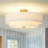 4-Light White Linen Round Drum Brass Semi Flush Mount