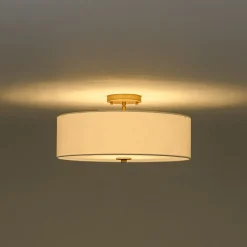 4-Light White Linen Round Drum Brass Semi Flush Mount