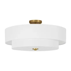 4-Light White Linen Round Drum Brass Semi Flush Mount
