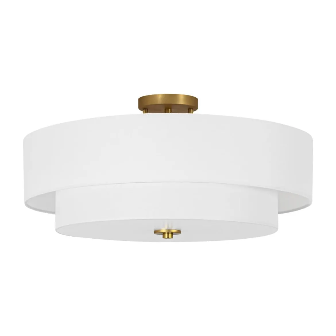 4-Light White Linen Round Drum Brass Semi Flush Mount