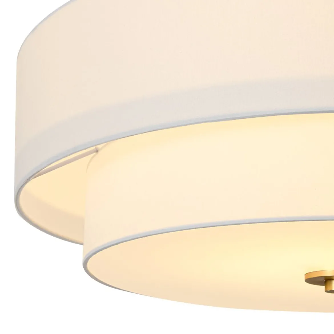 4-Light White Linen Round Drum Brass Semi Flush Mount