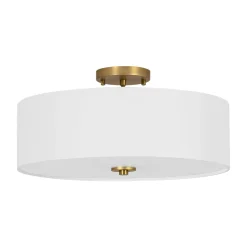 4-Light White Linen Round Drum Brass Semi Flush Mount