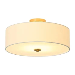 4-Light White Linen Round Drum Brass Semi Flush Mount