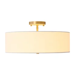4-Light White Linen Round Drum Brass Semi Flush Mount