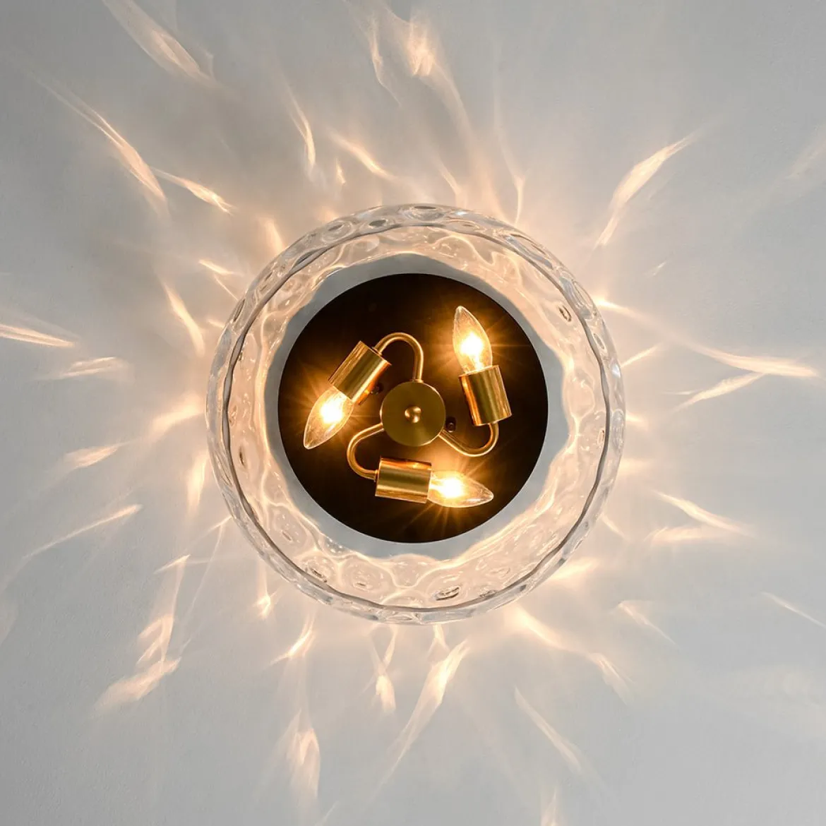 3-Light Wide Bowl Hammered Glass Round Flush Mount