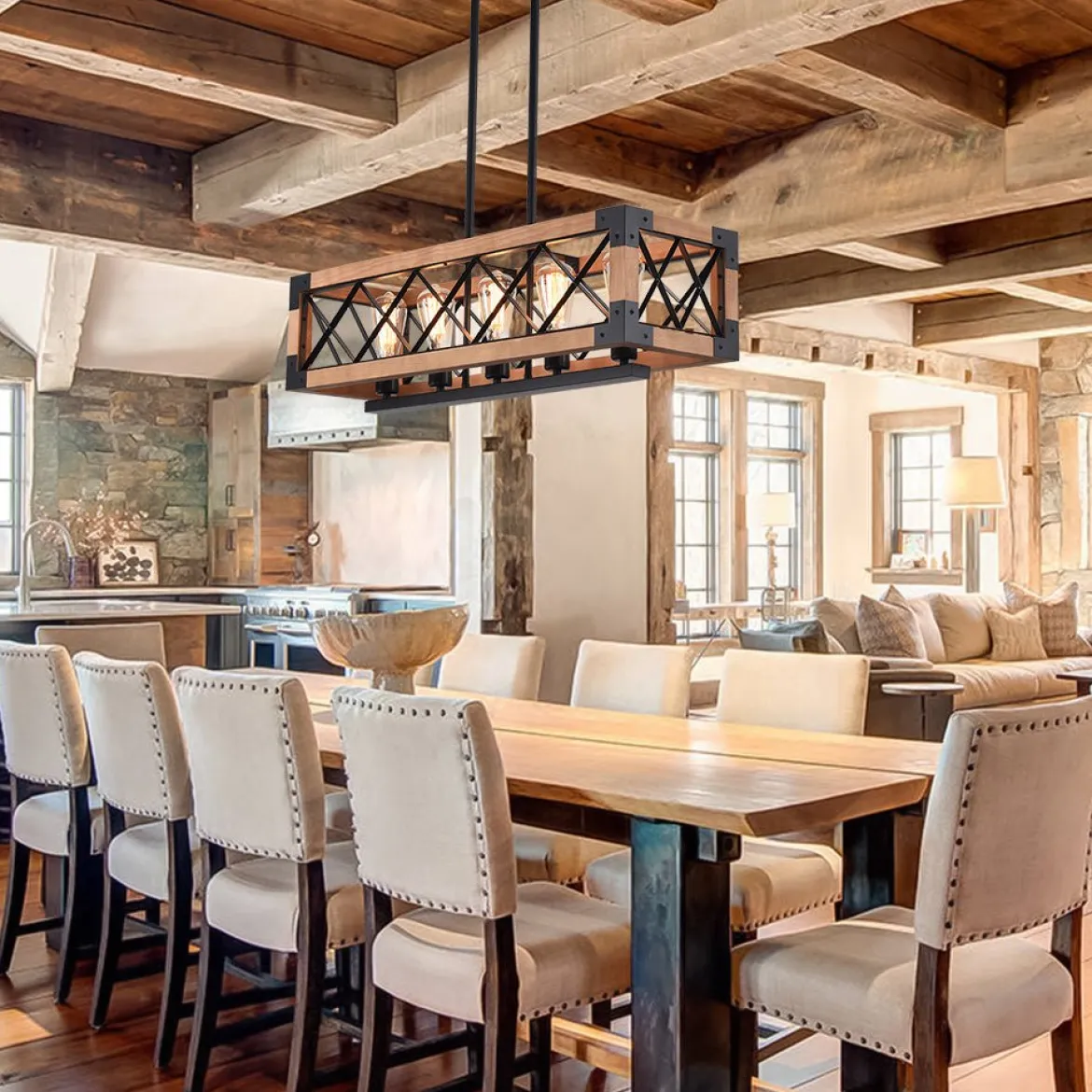 5-Light Wood Box Rectangle Chandelier Modern Farmhouse