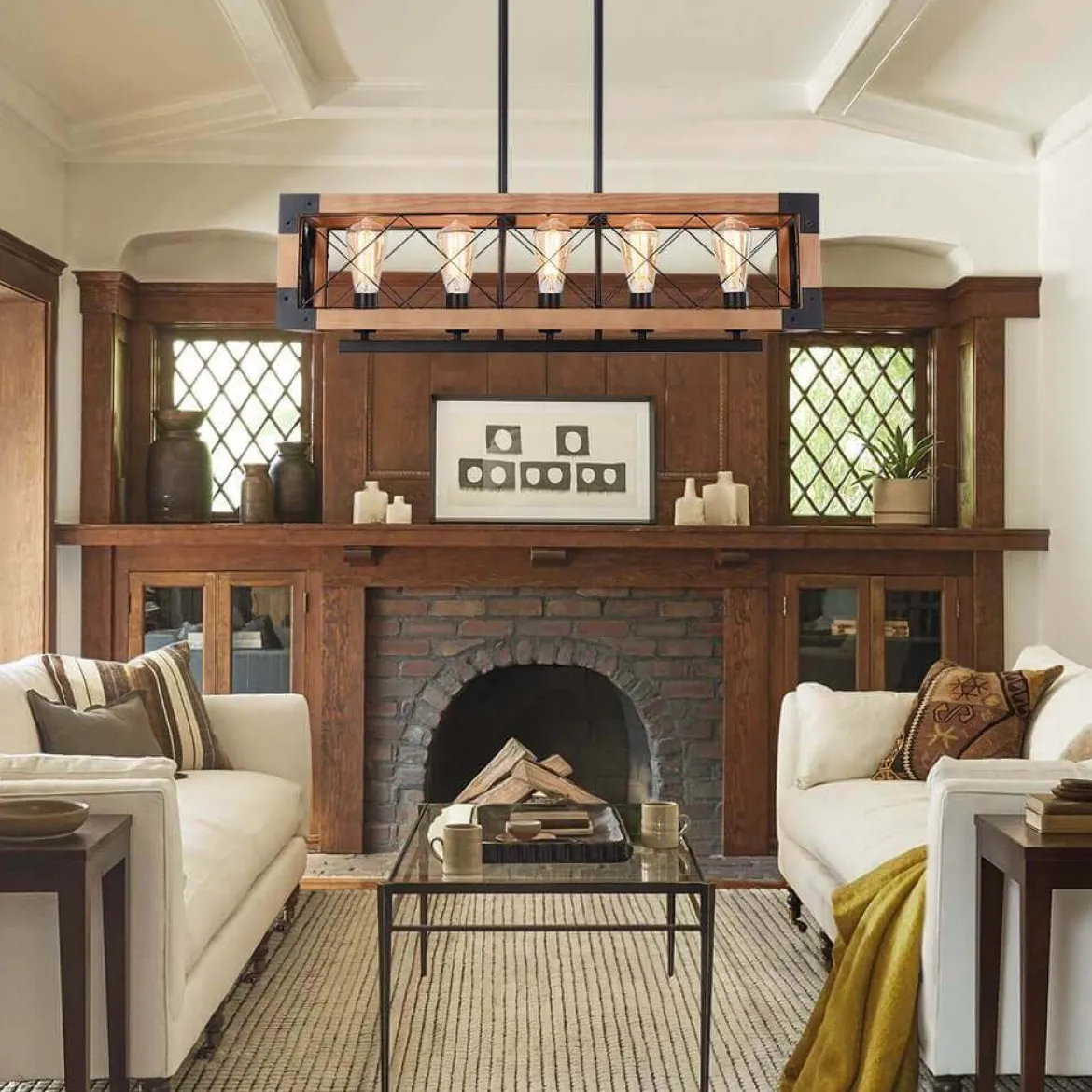 5-Light Wood Box Rectangle Chandelier Modern Farmhouse