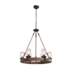 6-Light Wood Wagon Wheel Chandelier Modern Farmhouse
