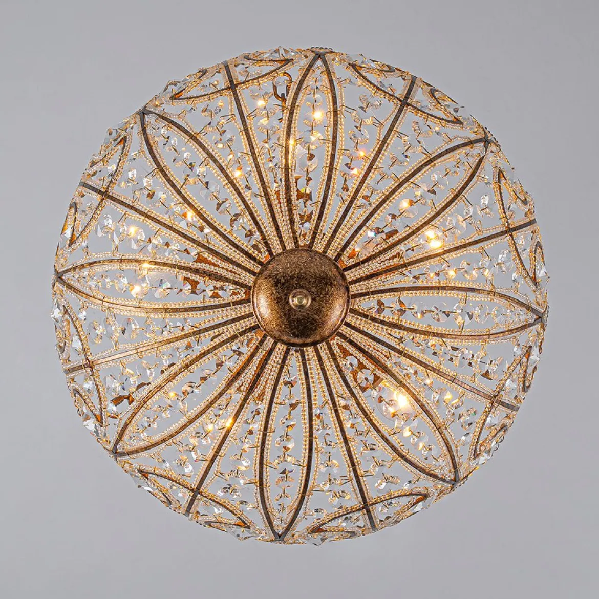 Luxe Moroccan Antique Bronze Crystal Round Cage Chandelier