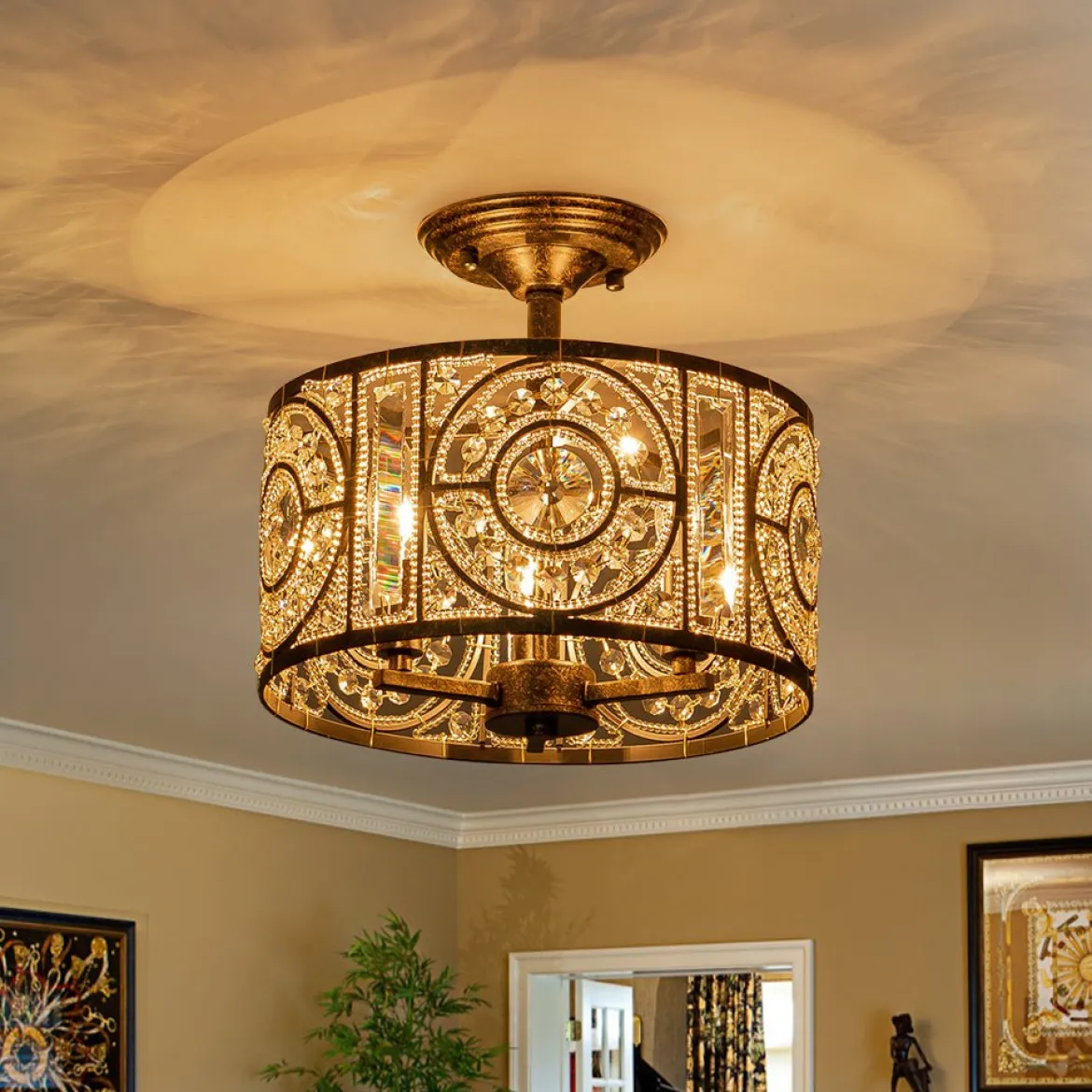 Luxe Moroccan Antique Crystal Drum Semi Flush Mount