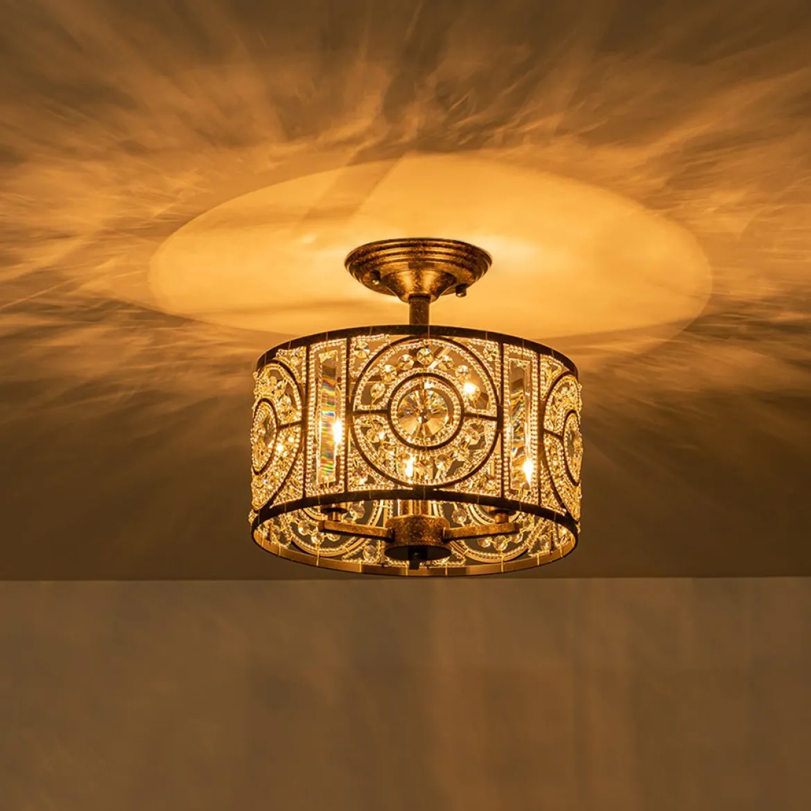 Luxe Moroccan Antique Crystal Drum Semi Flush Mount