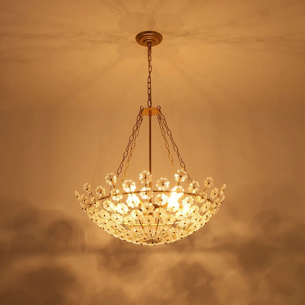 Luxe Sculpture Bloom Glass Floral Brass Basket Chandelier