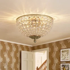 Luxe Vintage French Brass Round Crystal Cage Flush Mount Light