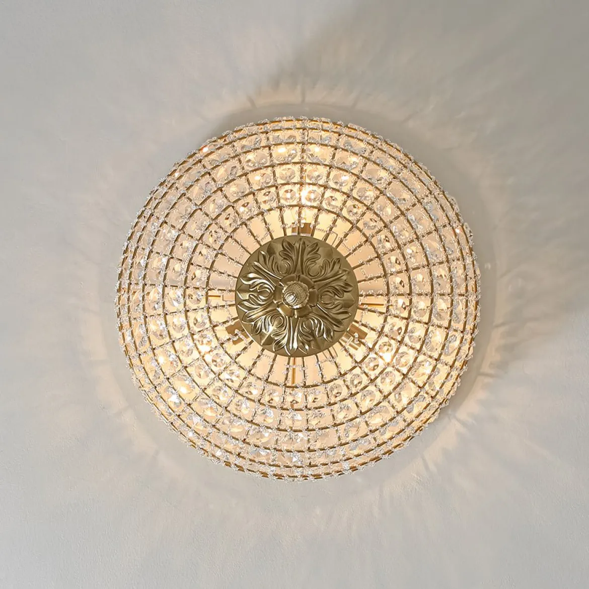 Luxe Vintage French Brass Round Crystal Cage Flush Mount Light