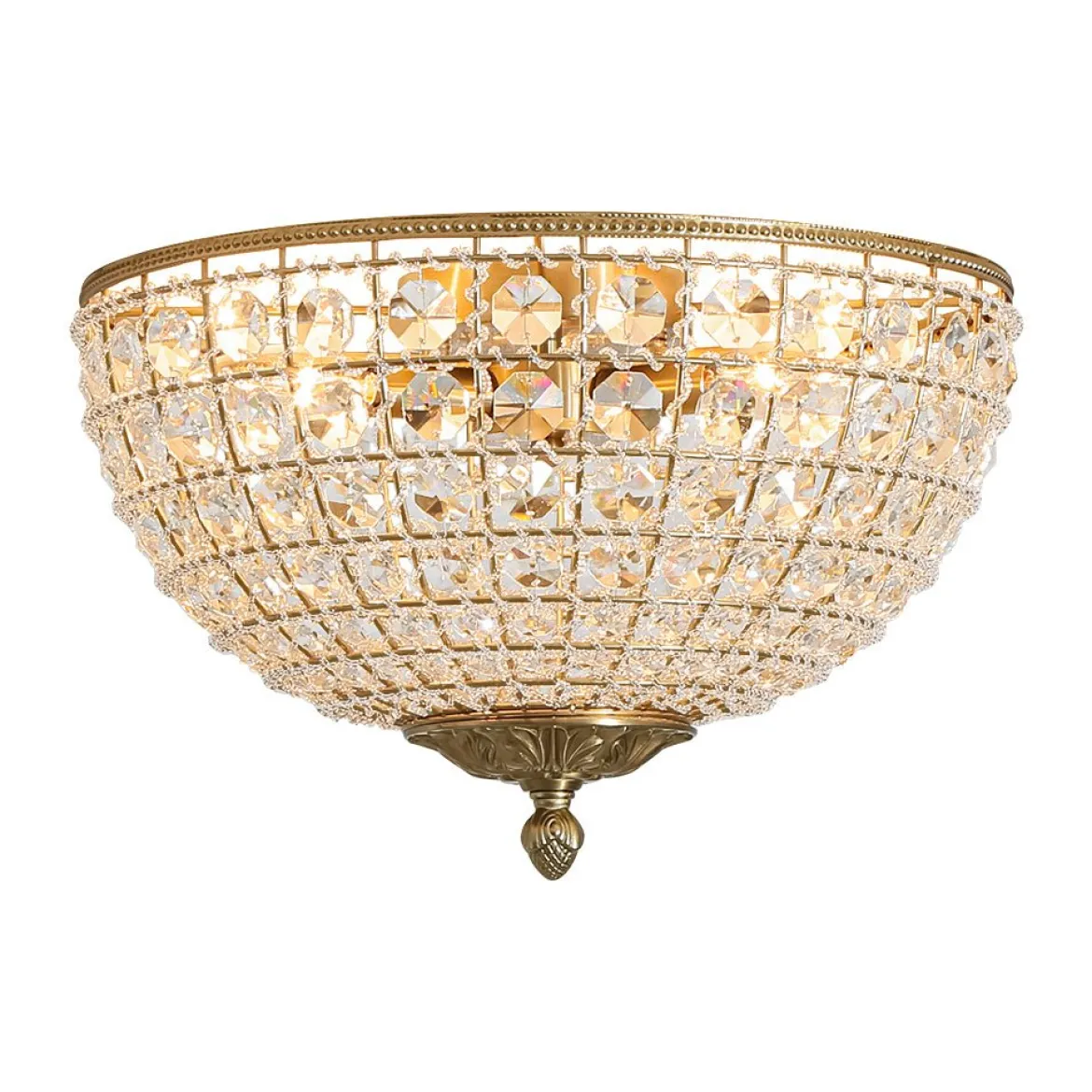 Luxe Vintage French Brass Round Crystal Cage Flush Mount Light