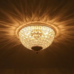Luxe Vintage French Brass Round Crystal Cage Flush Mount Light