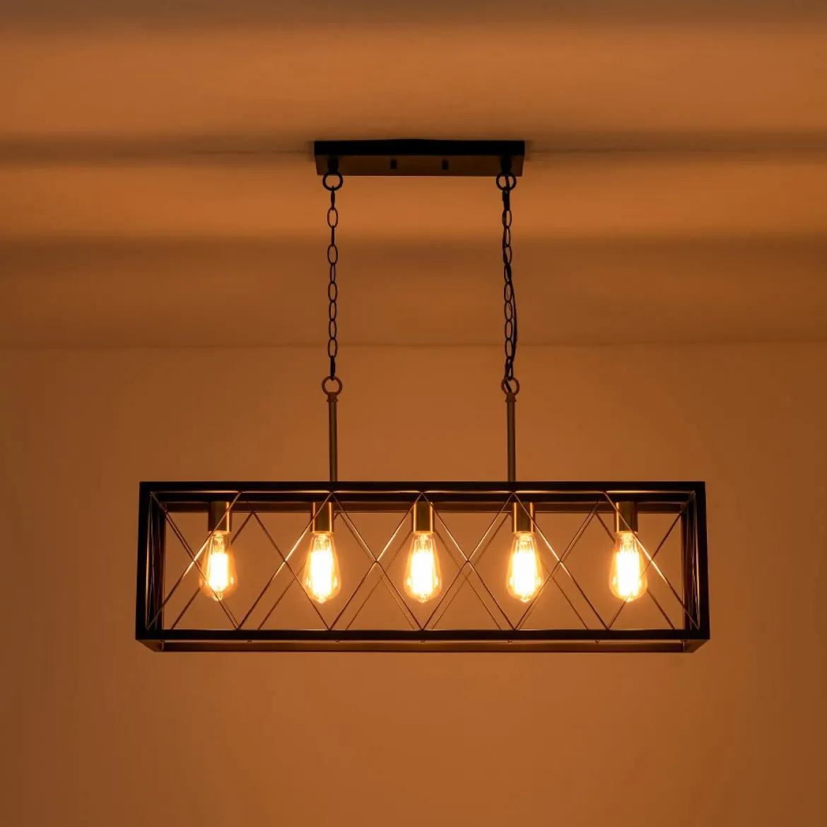 Matte Black 5-Light Cross Framed Box Kitchen Island Chandelier