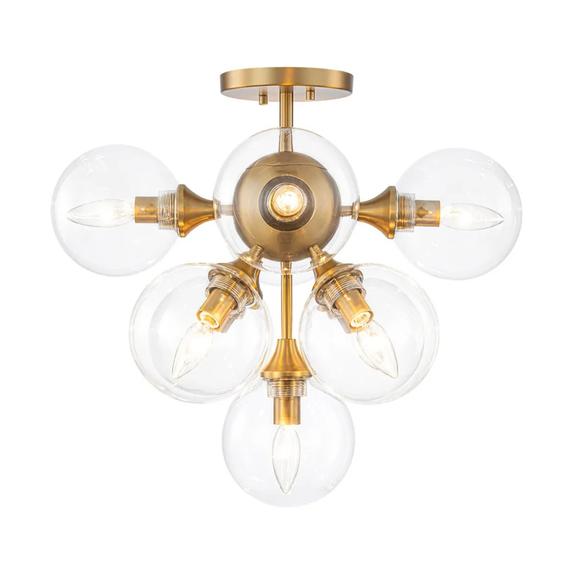Mid-Century Brass Glass Bubble Tiered Semi Flush Chandelier