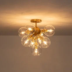 Mid-Century Brass Glass Bubble Tiered Semi Flush Chandelier