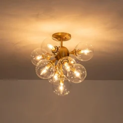 Mid-Century Brass Glass Bubble Tiered Semi Flush Chandelier