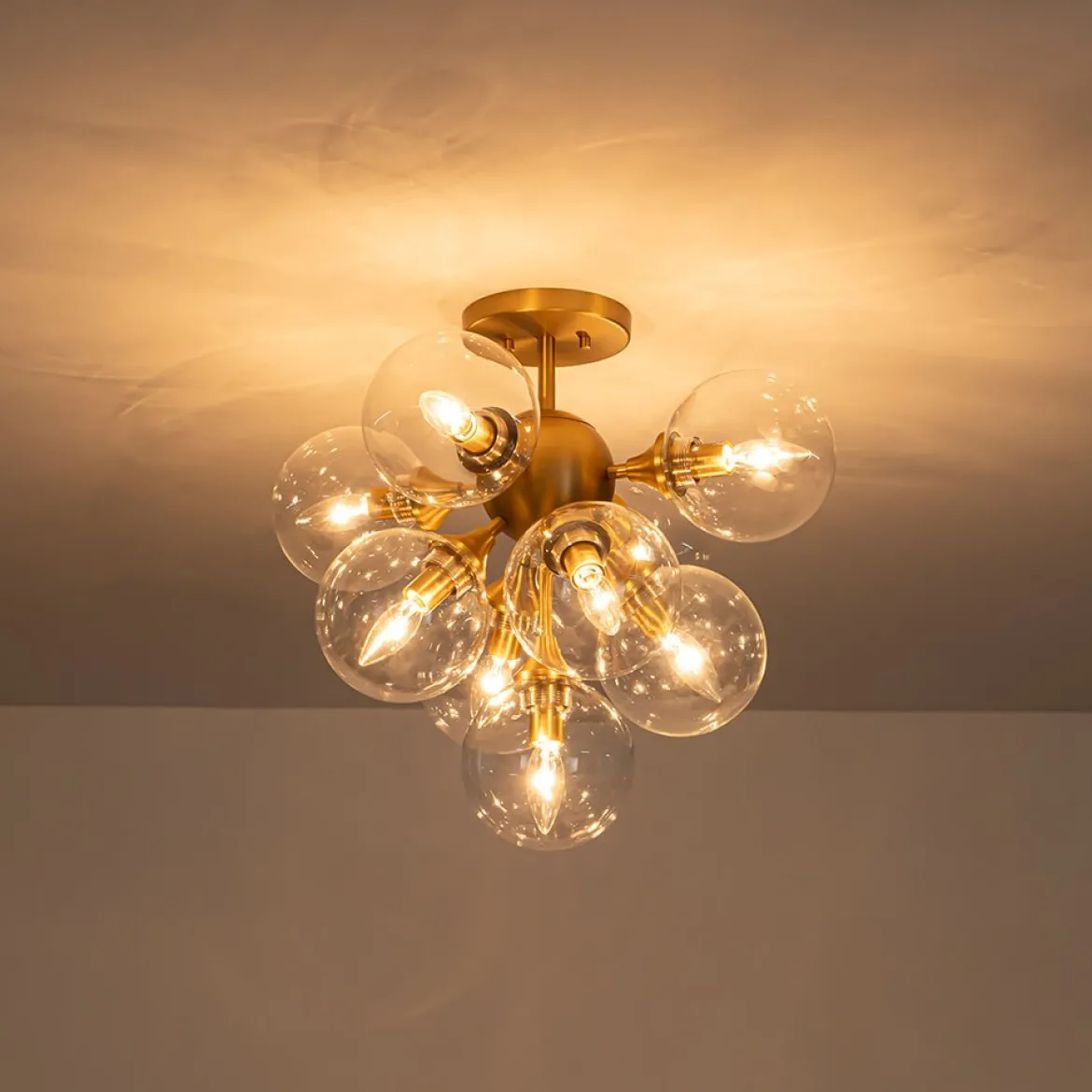 Mid-Century Brass Glass Bubble Tiered Semi Flush Chandelier