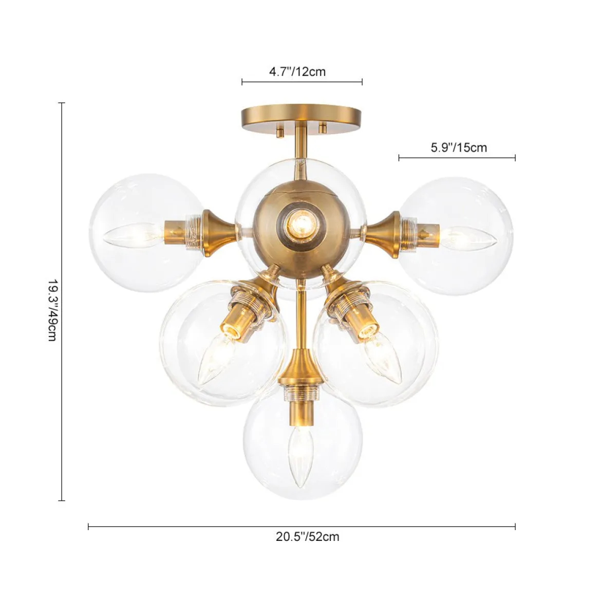 Mid-Century Brass Glass Bubble Tiered Semi Flush Chandelier