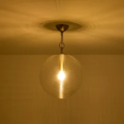 Mid-Century Brass 1-light Clear Reeded Glass Globe Pendant