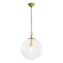 Mid-Century Brass 1-light Clear Reeded Glass Globe Pendant