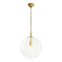 Mid-Century Brass 1-light Clear Reeded Glass Globe Pendant