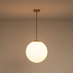 Mid-Century Brass 1-light Shine Opal Glass Globe Pendant