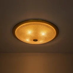 Mid-Century Brass Ribbed Textured Scalloped Glass Flush Mount