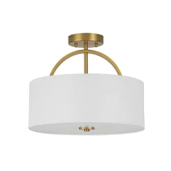 Mid-Century Brass Wide Linen Drum Semi Flush Mount