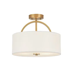 Mid-Century Brass Wide Linen Drum Semi Flush Mount