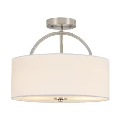Mid-Century Brass Wide Linen Drum Semi Flush Mount