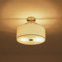 Mid-Century Brass Wide Linen Drum Semi Flush Mount