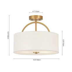 Mid-Century Brass Wide Linen Drum Semi Flush Mount