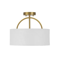 Mid-Century Brass Wide Linen Drum Semi Flush Mount