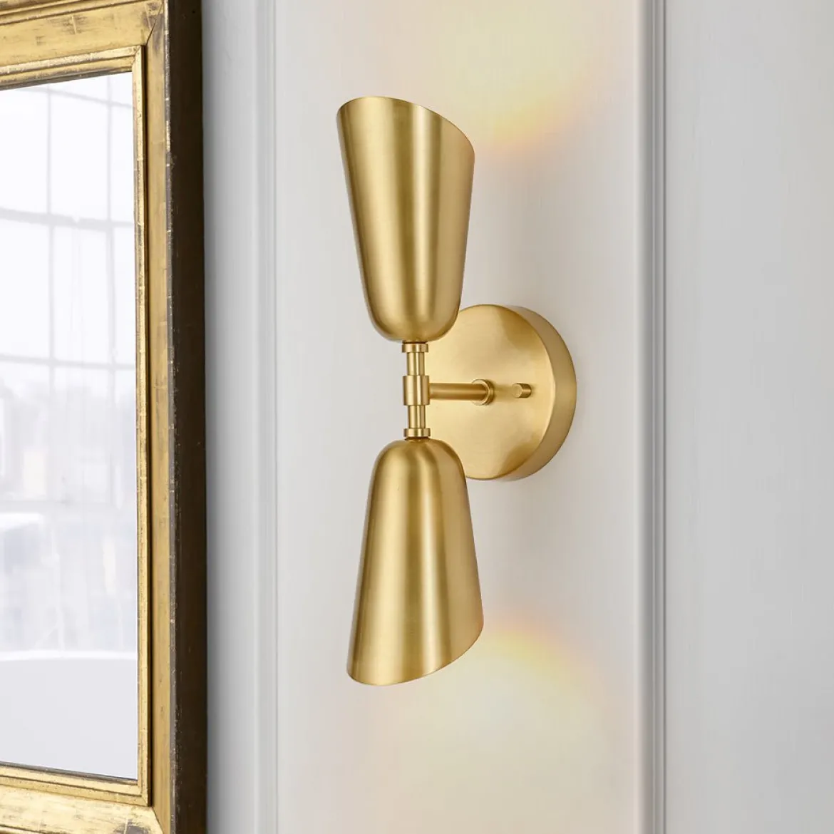 Mid-Century Brushed Brass 2-Light Up Down Dual Cone Wall Lamp