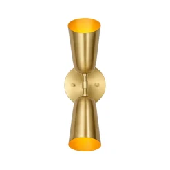Mid-Century Brushed Brass 2-Light Up Down Dual Cone Wall Lamp