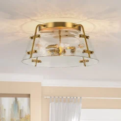 Mid-Century Clear Textured Glass Drum Flush Mount Light
