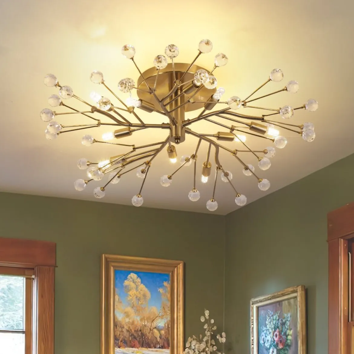 Mid-Century Firework Crystal Branching Semi Flush Mount
