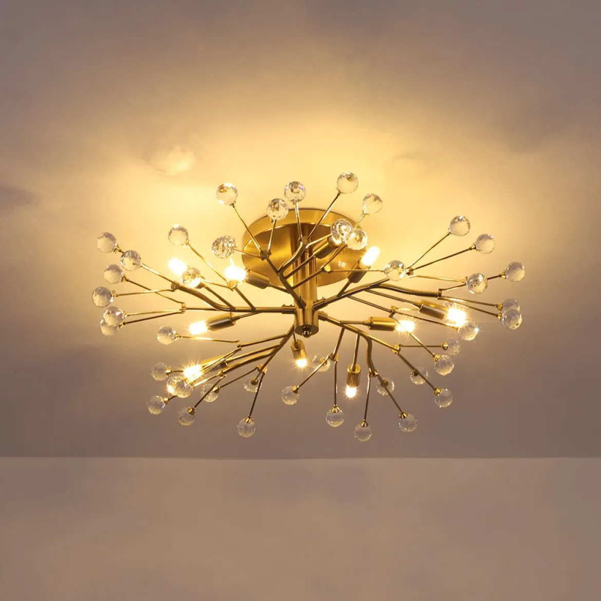 Mid-Century Firework Crystal Branching Semi Flush Mount