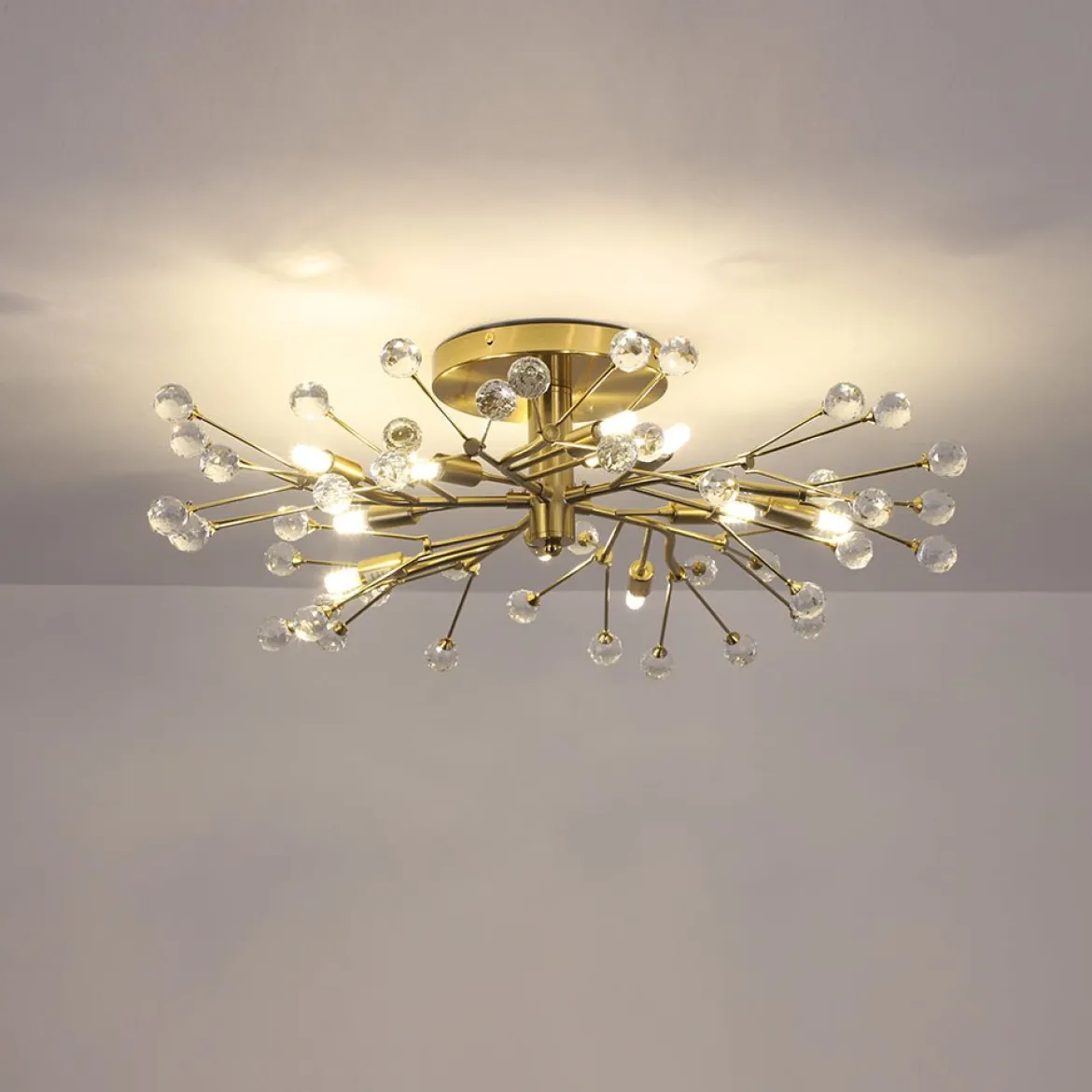 Mid-Century Firework Crystal Branching Semi Flush Mount