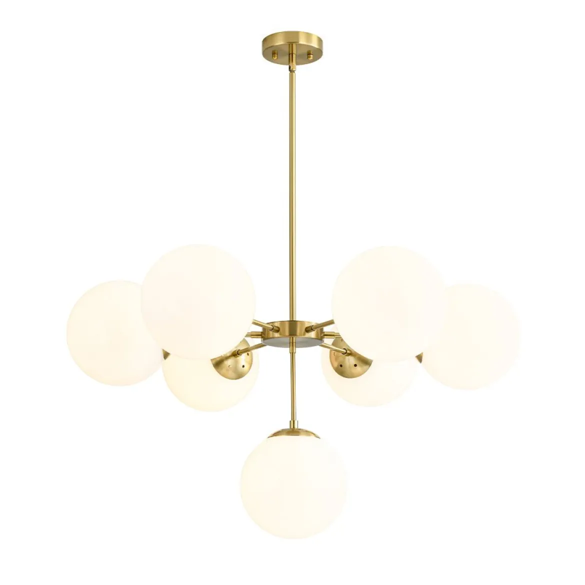 Mid-Century 7-light Brass Opal Glass Globe Sputnik Chandelier