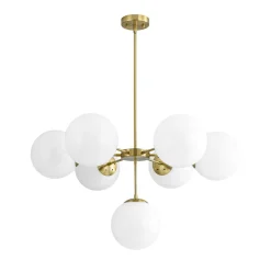 Mid-Century 7-light Brass Opal Glass Globe Sputnik Chandelier