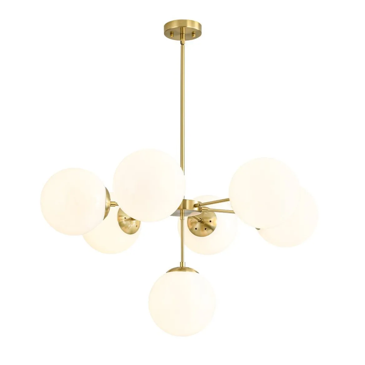 Mid-Century 7-light Brass Opal Glass Globe Sputnik Chandelier