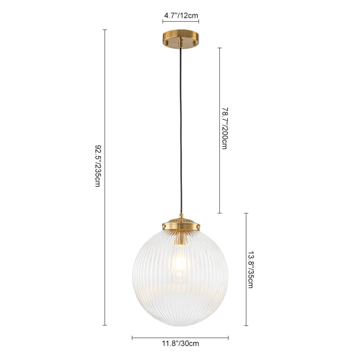 Mid-Century 1-Light Clear Ribbed Glass Globe Pendant