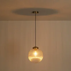Mid-Century 1-Light Clear Ribbed Glass Globe Pendant